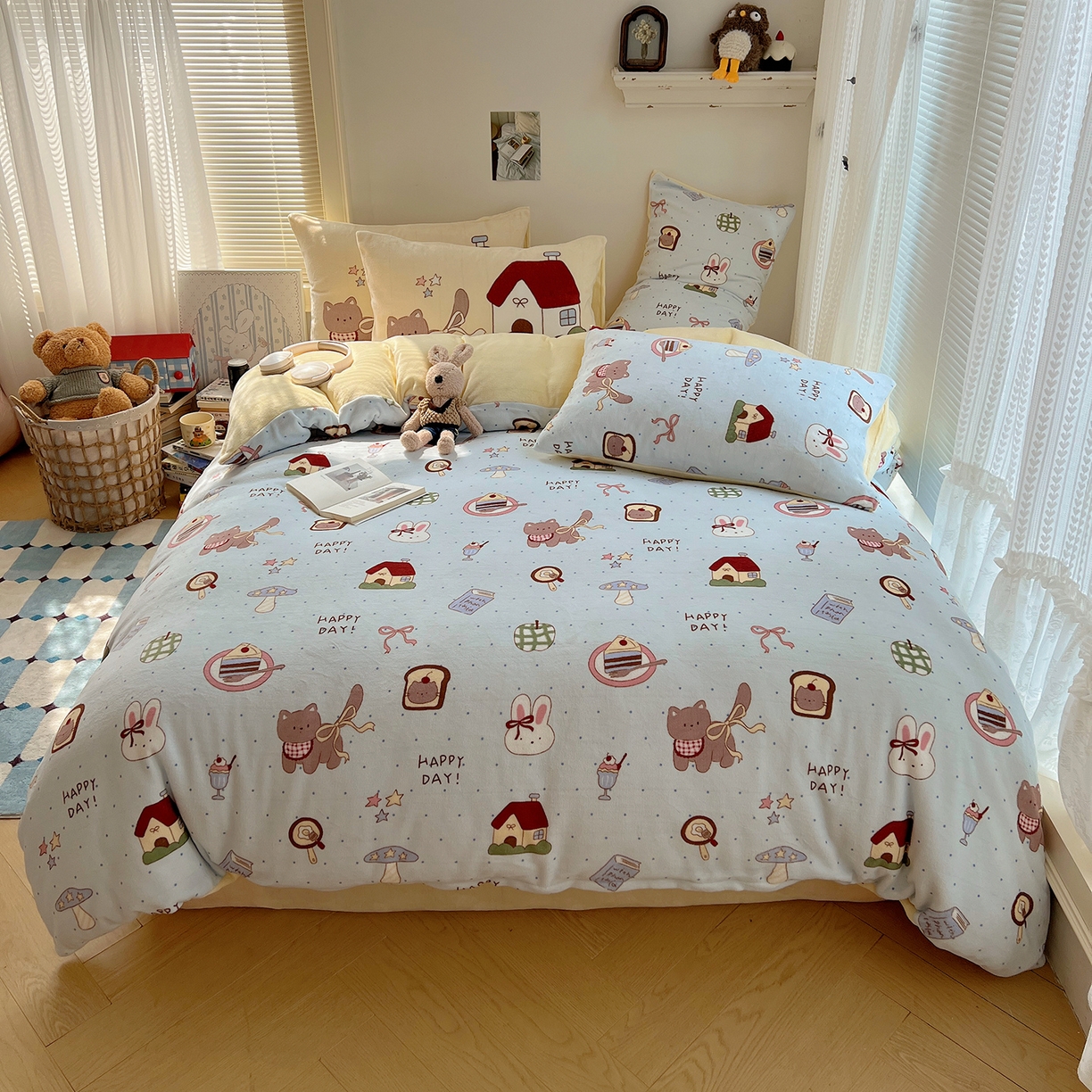 桃子家居 2025新款A类ins数码印花枕混搭小清新少女卡通猫咪加厚牛奶系列四件套 绒-混搭幸运园