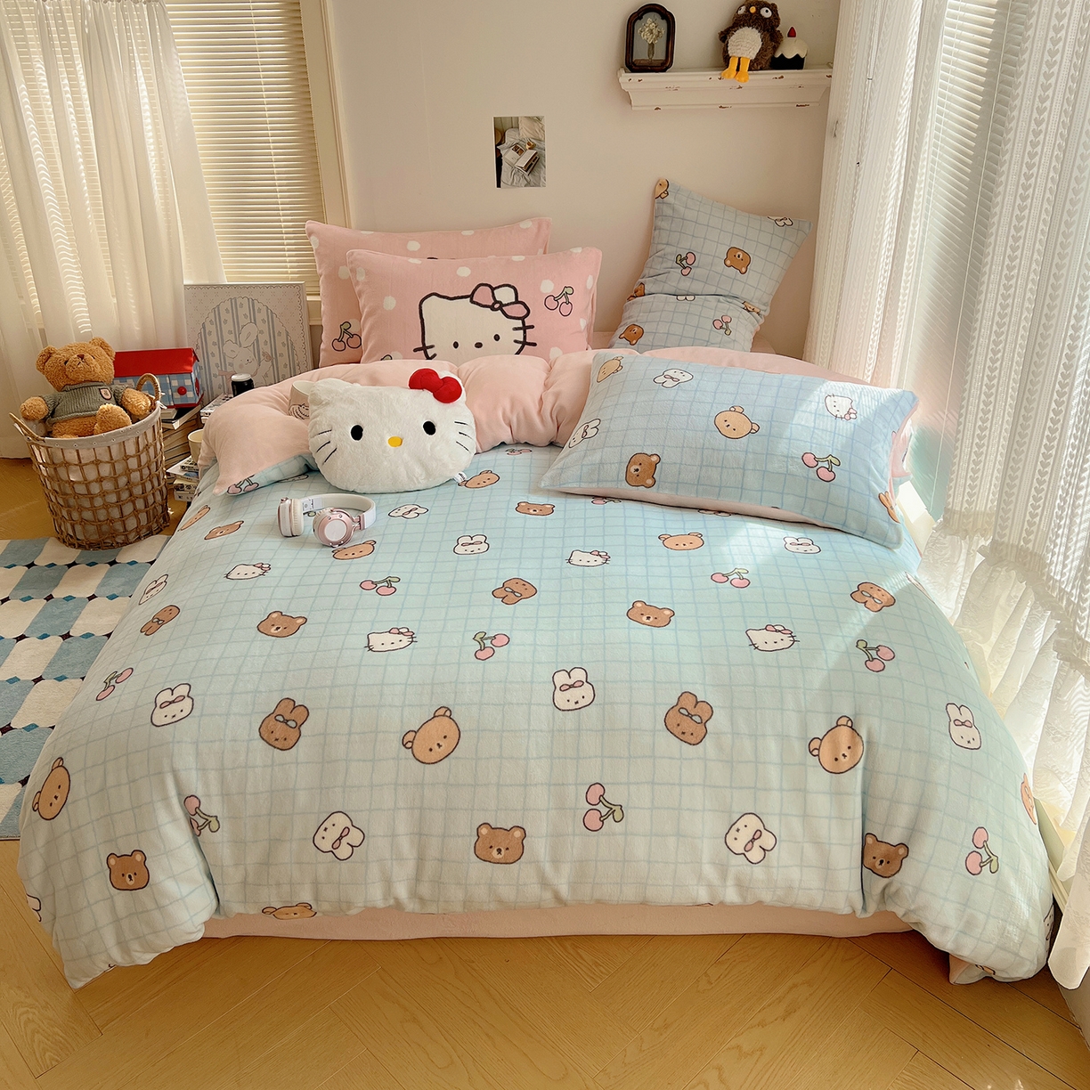桃子家居 2025新款A类ins数码印花枕混搭小清新少女卡通猫咪加厚牛奶系列四件套 绒-混搭樱桃熊兔