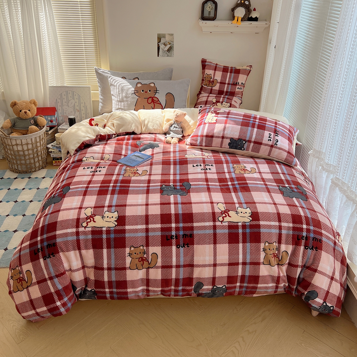 桃子家居 2025新款A类ins数码印花枕混搭小清新少女卡通猫咪加厚牛奶系列四件套 绒-混搭元气猫