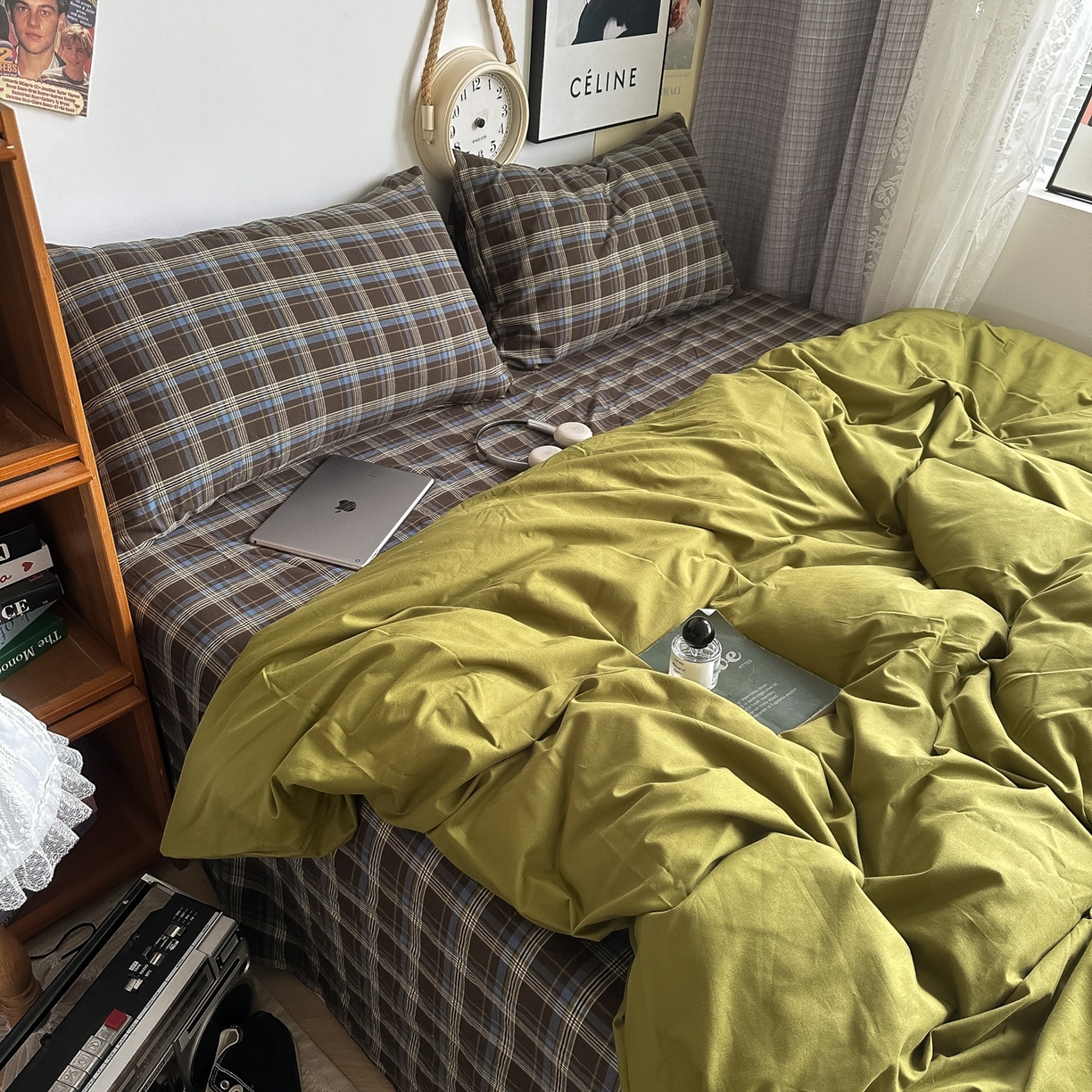 91家纺网 家纺一手货源 找家纺 （总）对白 2025新款全棉色织水洗棉四件套-抹茶格纹【提供买家秀】