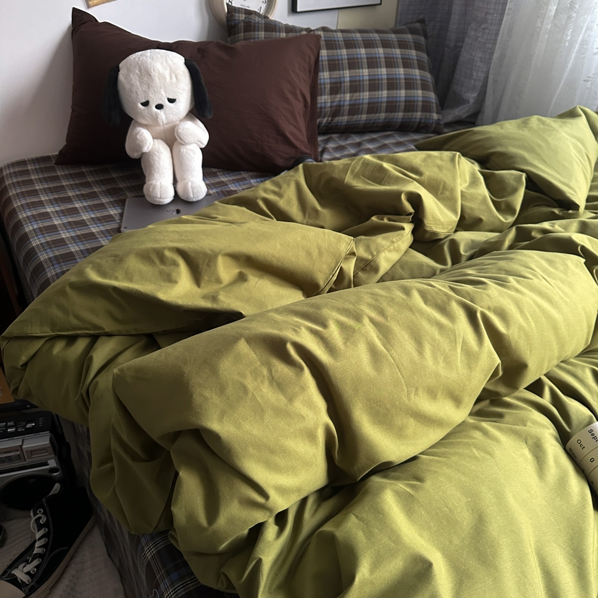 91家纺网 家纺一手货源 找家纺 （总）对白 2025新款全棉色织水洗棉四件套-抹茶格纹【提供买家秀】