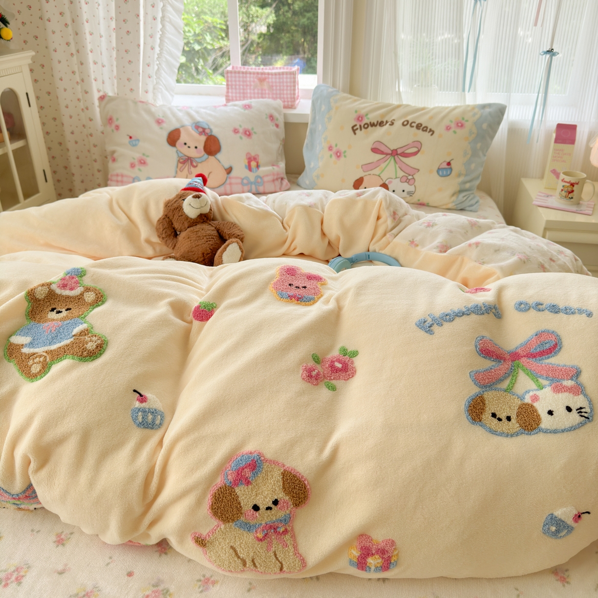 91家纺网 家纺一手货源 找家纺 小叮当家纺仓储工厂店 2025新款牛奶绒毛巾绣贴布绣牛奶绒四件套 毛绒森林