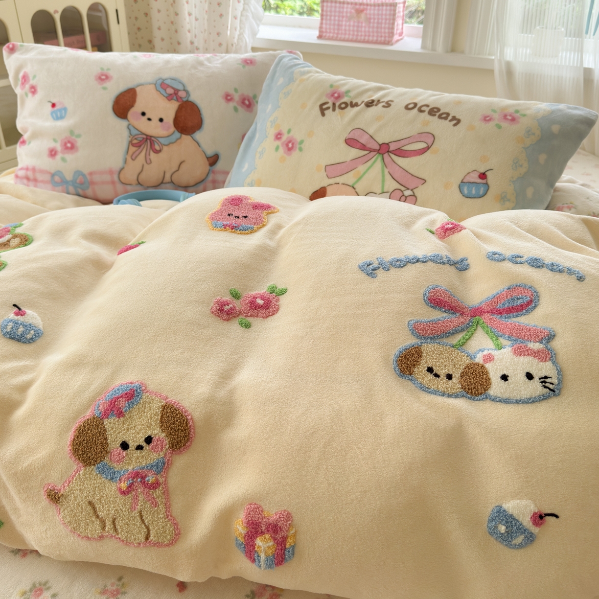 91家纺网 家纺一手货源 找家纺 小叮当家纺仓储工厂店 2025新款牛奶绒毛巾绣贴布绣牛奶绒四件套 毛绒森林