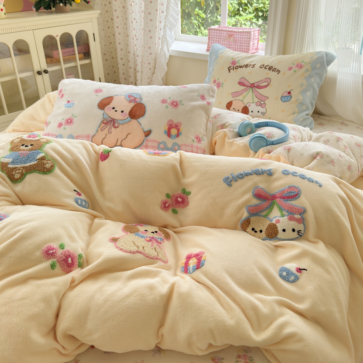 91家纺网 家纺一手货源 找家纺 小叮当家纺仓储工厂店 2025新款牛奶绒毛巾绣贴布绣牛奶绒四件套 毛绒森林