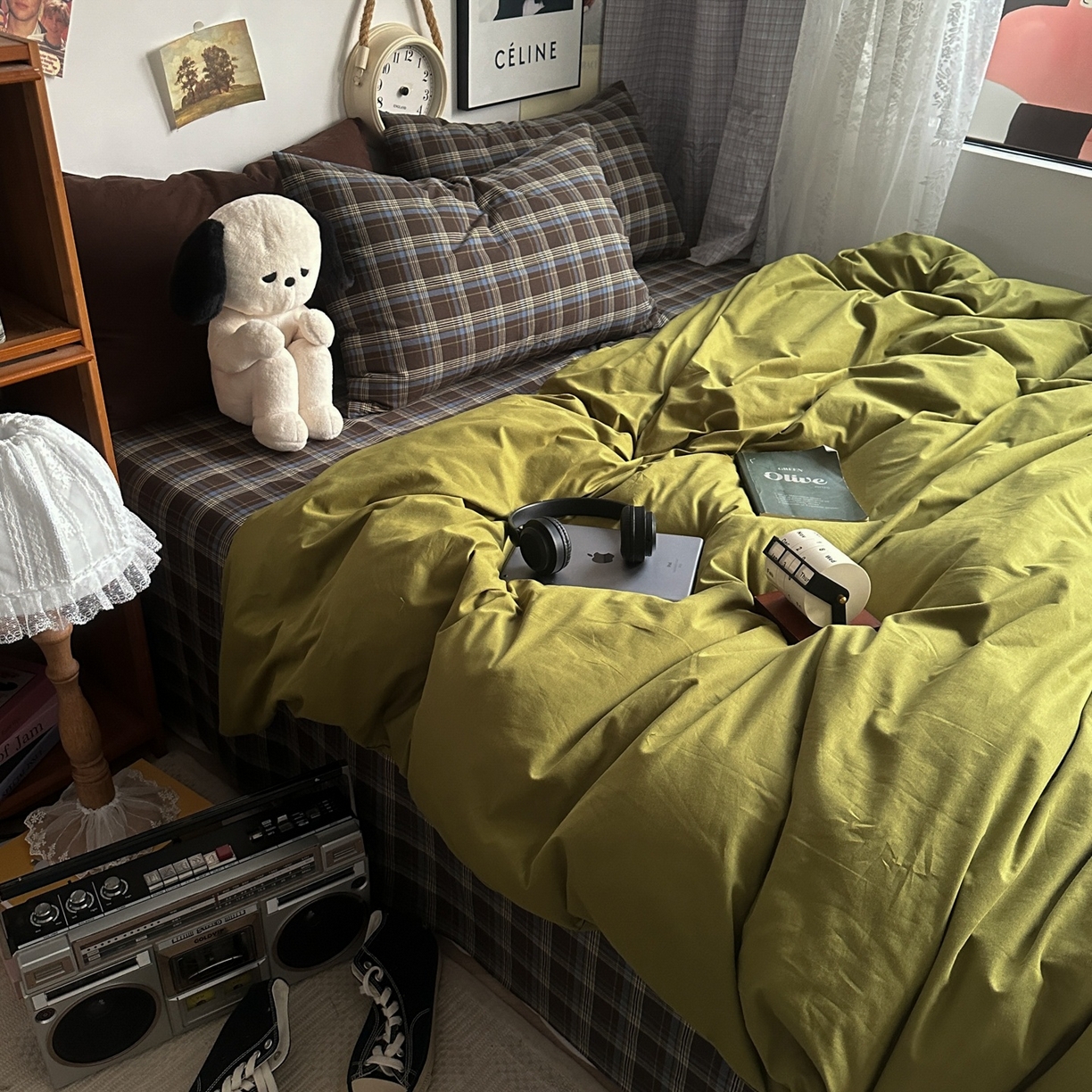 91家纺网 家纺一手货源 找家纺 （总）对白 2025新款全棉色织水洗棉四件套-抹茶格纹【提供买家秀】