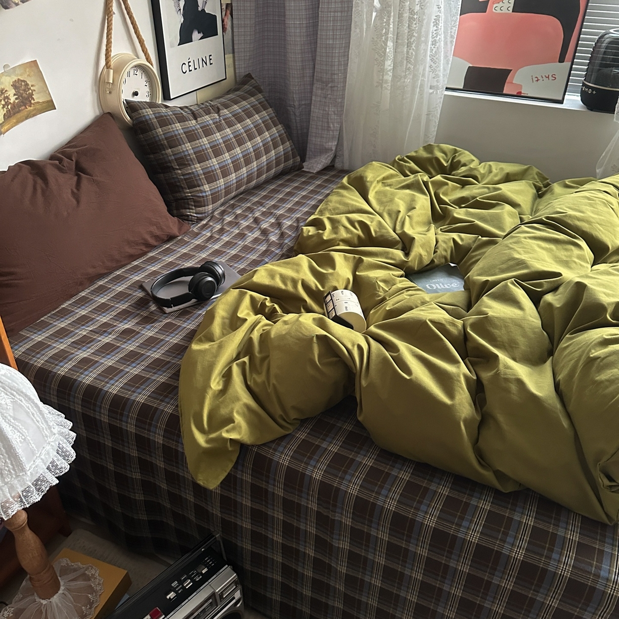 91家纺网 家纺一手货源 找家纺 （总）对白 2025新款全棉色织水洗棉四件套-抹茶格纹【提供买家秀】