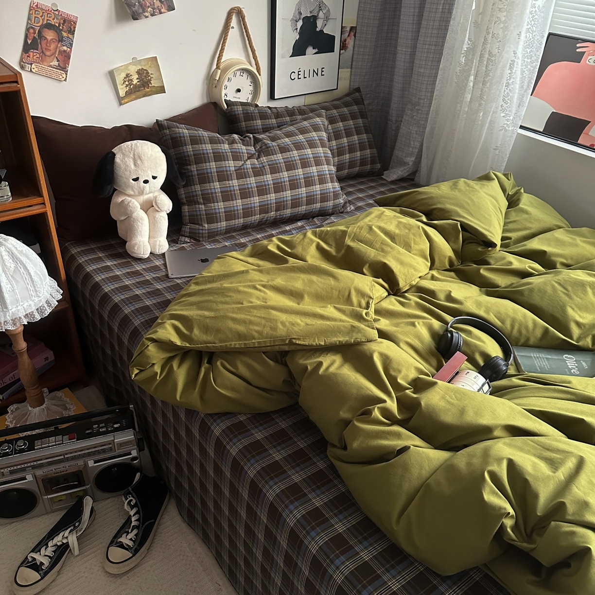 91家纺网 家纺一手货源 找家纺 （总）对白 2025新款全棉色织水洗棉四件套-抹茶格纹【提供买家秀】