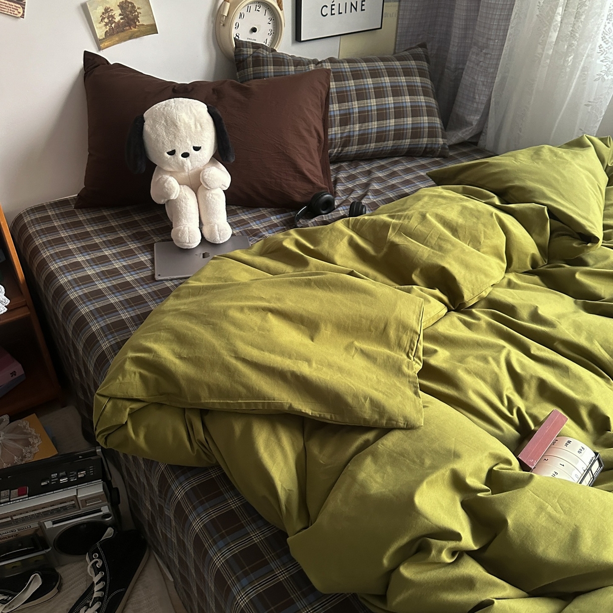 91家纺网 家纺一手货源 找家纺 （总）对白 2025新款全棉色织水洗棉四件套-抹茶格纹【提供买家秀】