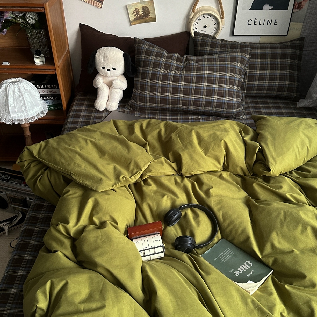 91家纺网 家纺一手货源 找家纺 对白 2025新款全棉色织水洗棉四件套-抹茶格纹 枕套格子