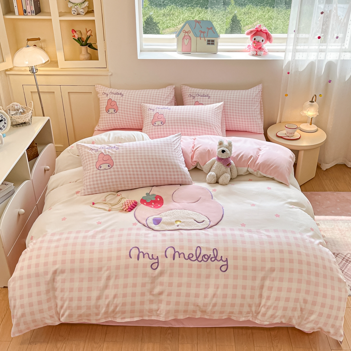 91家纺网 家纺一手货源 找家纺 （总）桃心家居 2025新款A类三丽鸥正版授权云柔水洗棉兔毛贴布绣刺绣软糯四件套