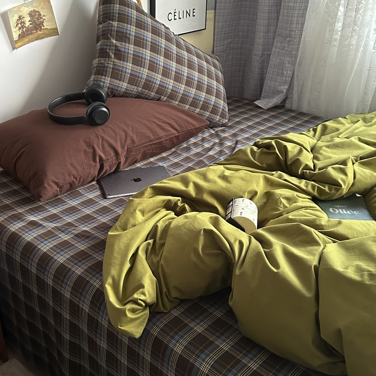 91家纺网 家纺一手货源 找家纺 对白 2025新款全棉色织水洗棉四件套-抹茶格纹 枕套格子+咖