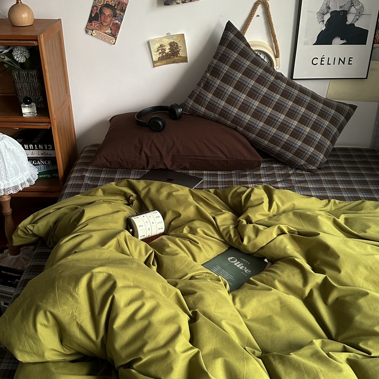 91家纺网 家纺一手货源 找家纺 对白 2025新款全棉色织水洗棉四件套-抹茶格纹 枕套格子+咖