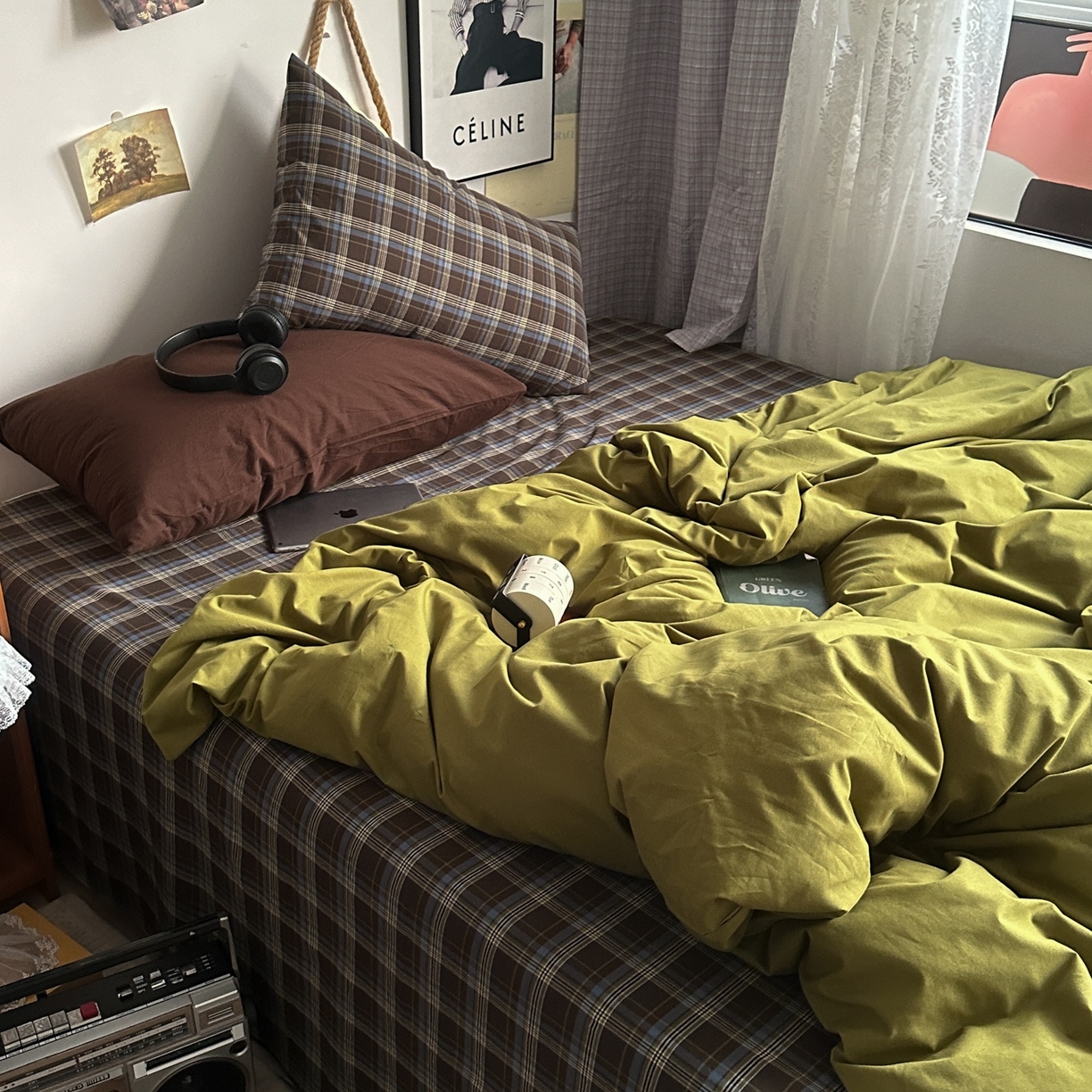 91家纺网 家纺一手货源 找家纺 对白 2025新款全棉色织水洗棉四件套-抹茶格纹 枕套格子+咖