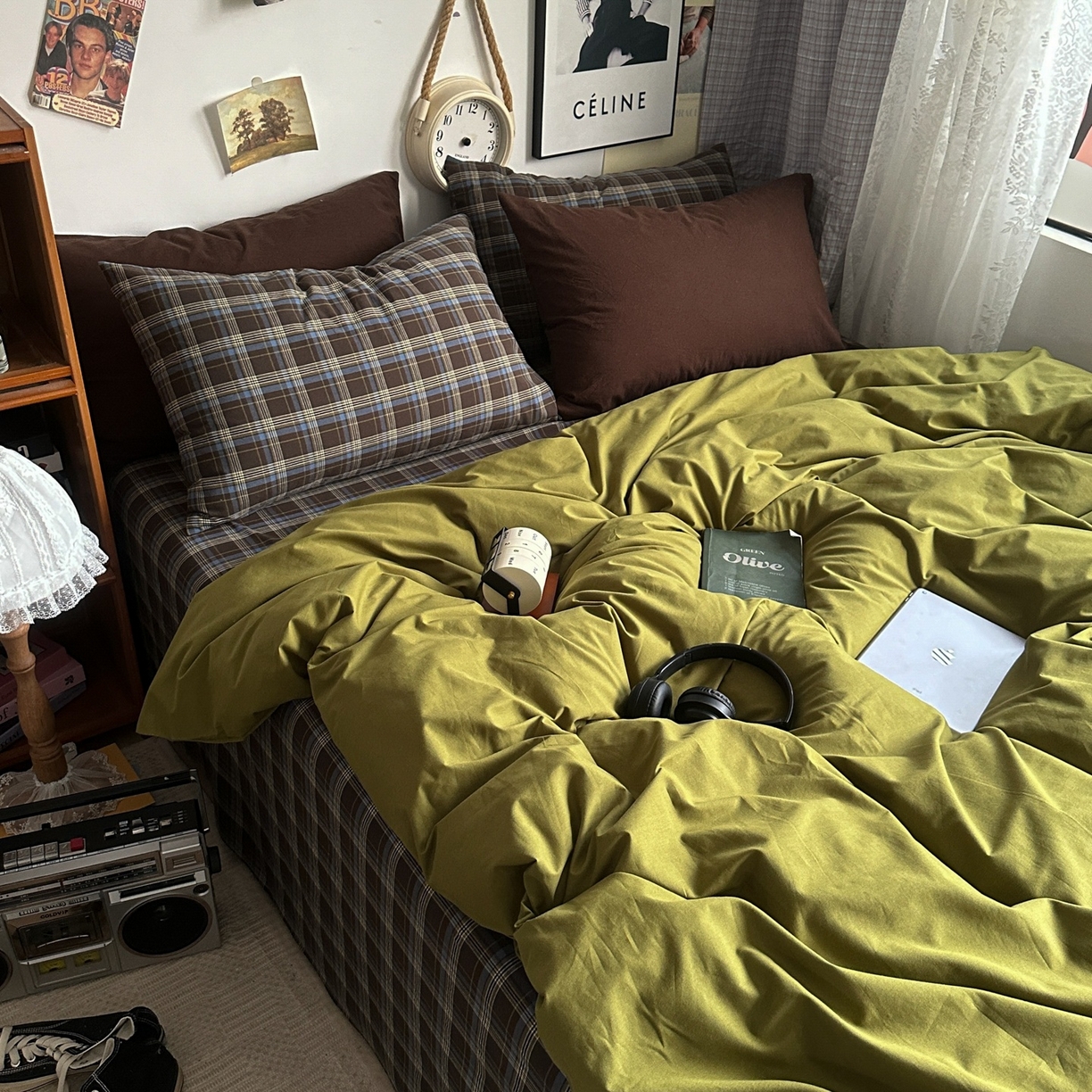 91家纺网 家纺一手货源 找家纺 对白 2025新款全棉色织水洗棉四件套-抹茶格纹 枕套格子+咖