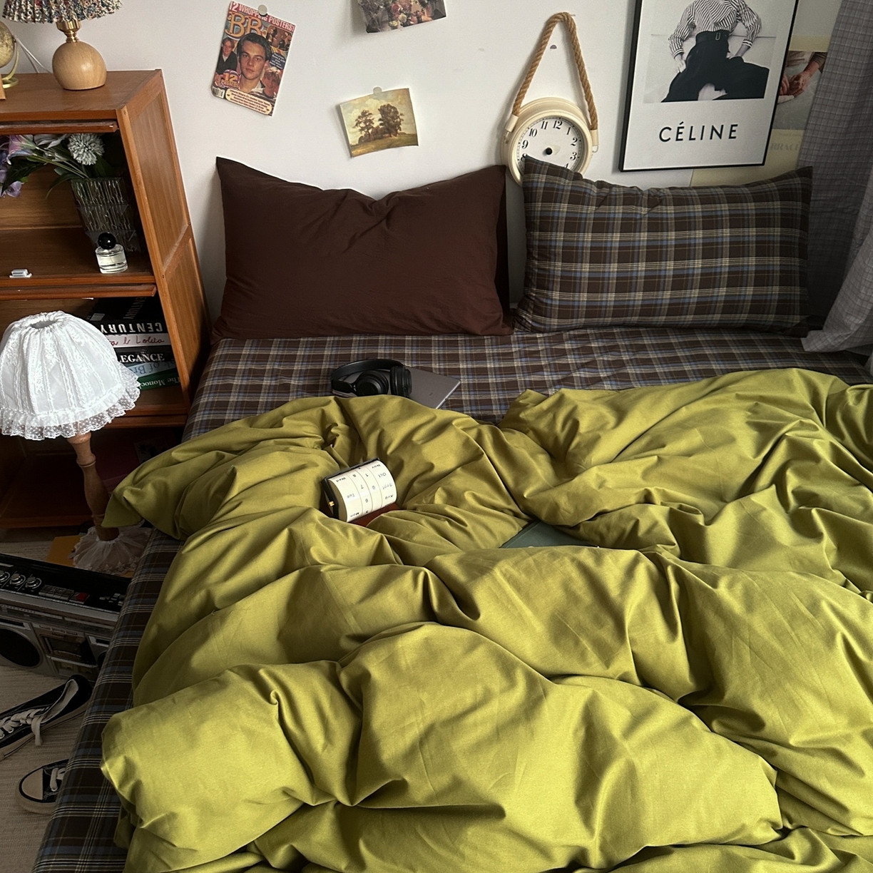 91家纺网 家纺一手货源 找家纺 对白 2025新款全棉色织水洗棉四件套-抹茶格纹 枕套格子+咖