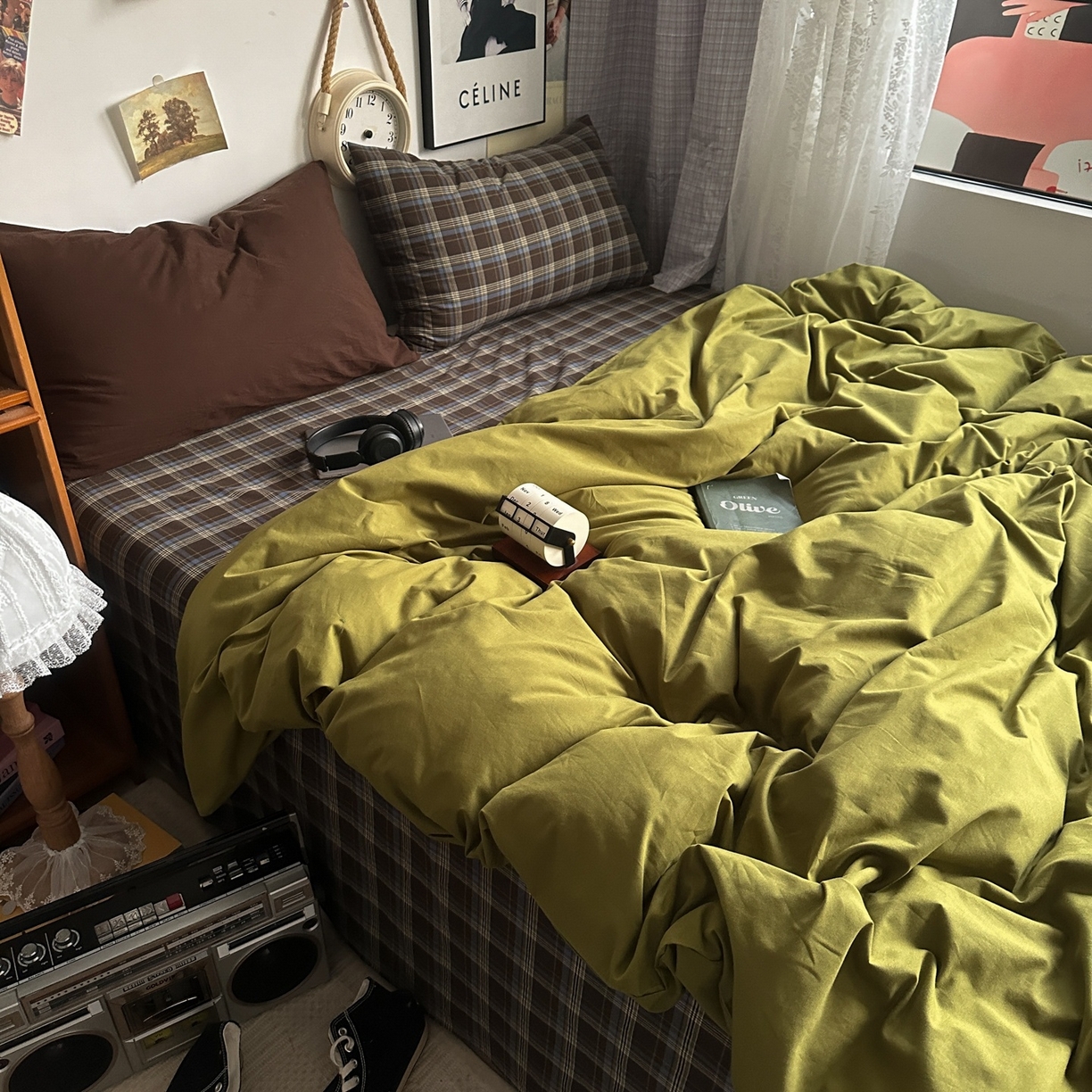 91家纺网 家纺一手货源 找家纺 对白 2025新款全棉色织水洗棉四件套-抹茶格纹 枕套格子+咖