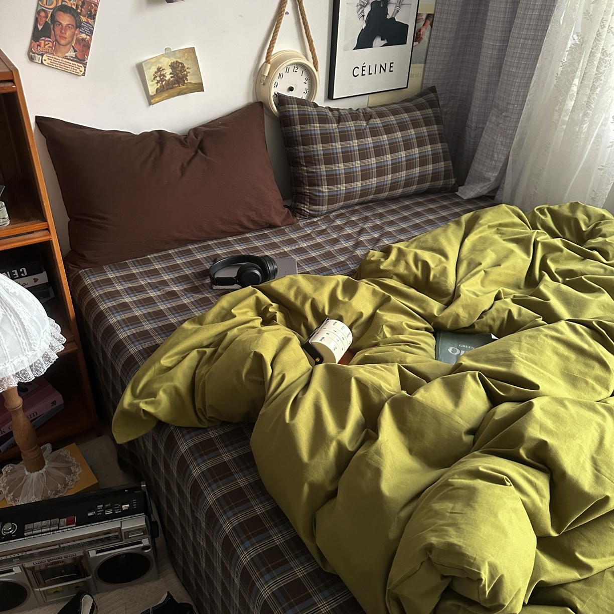 91家纺网 家纺一手货源 找家纺 对白 2025新款全棉色织水洗棉四件套-抹茶格纹 枕套格子+咖