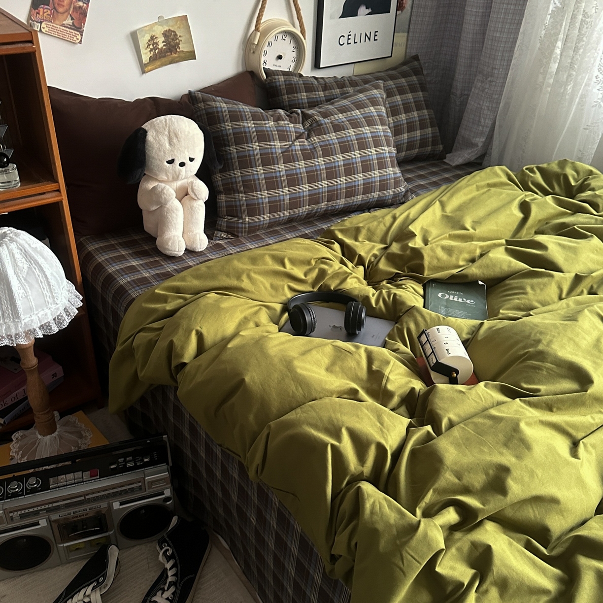 91家纺网 家纺一手货源 找家纺 对白 2025新款全棉色织水洗棉四件套-抹茶格纹 枕套格子+咖