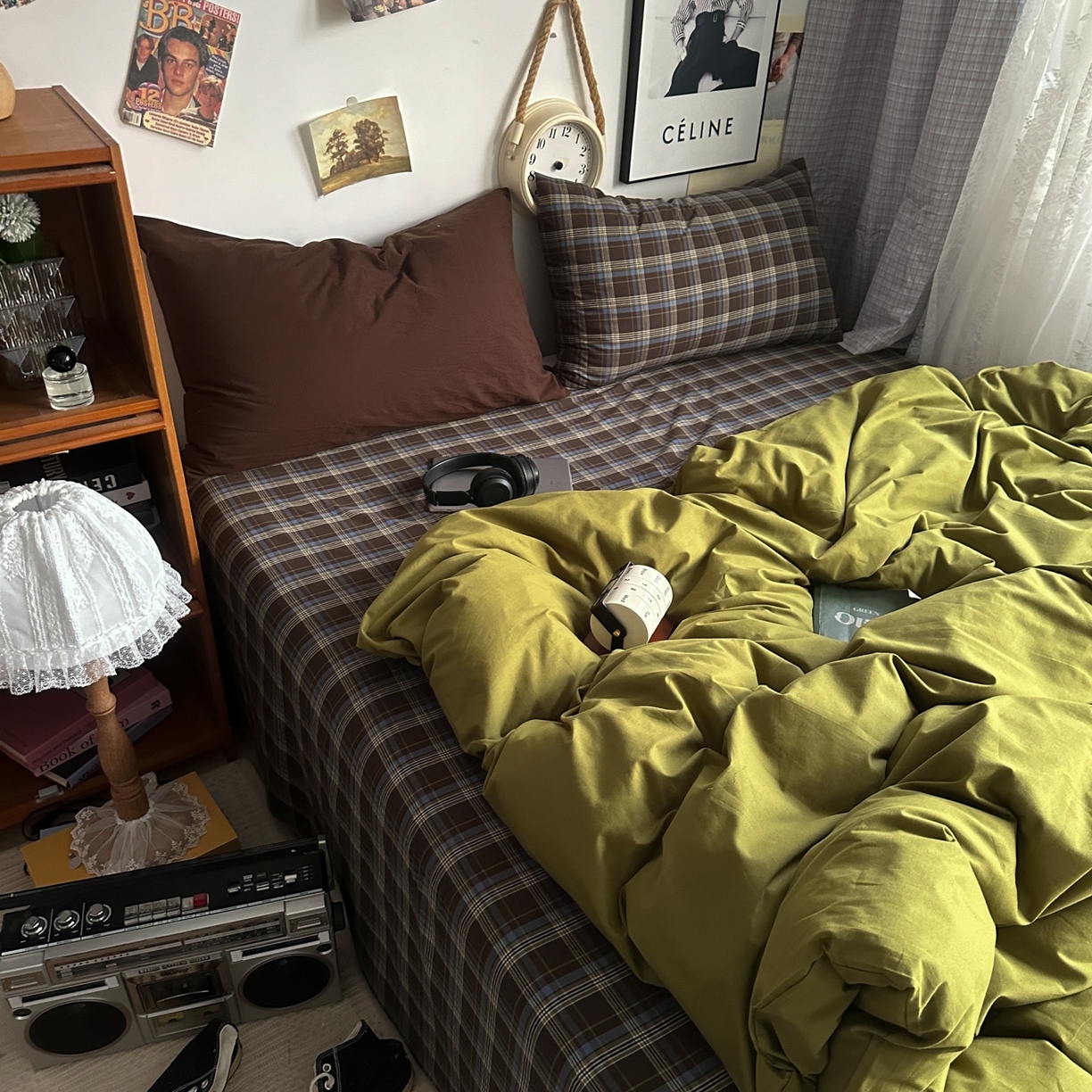 91家纺网 家纺一手货源 找家纺 对白 2025新款全棉色织水洗棉四件套-抹茶格纹 枕套格子+咖