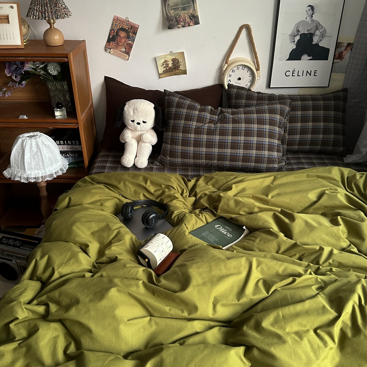 91家纺网 家纺一手货源 找家纺 对白 2025新款全棉色织水洗棉四件套-抹茶格纹 枕套格子+咖