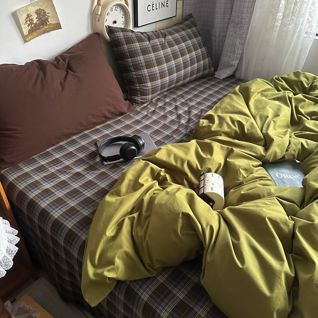 91家纺网 家纺一手货源 找家纺 对白 2025新款全棉色织水洗棉四件套-抹茶格纹 枕套格子+咖