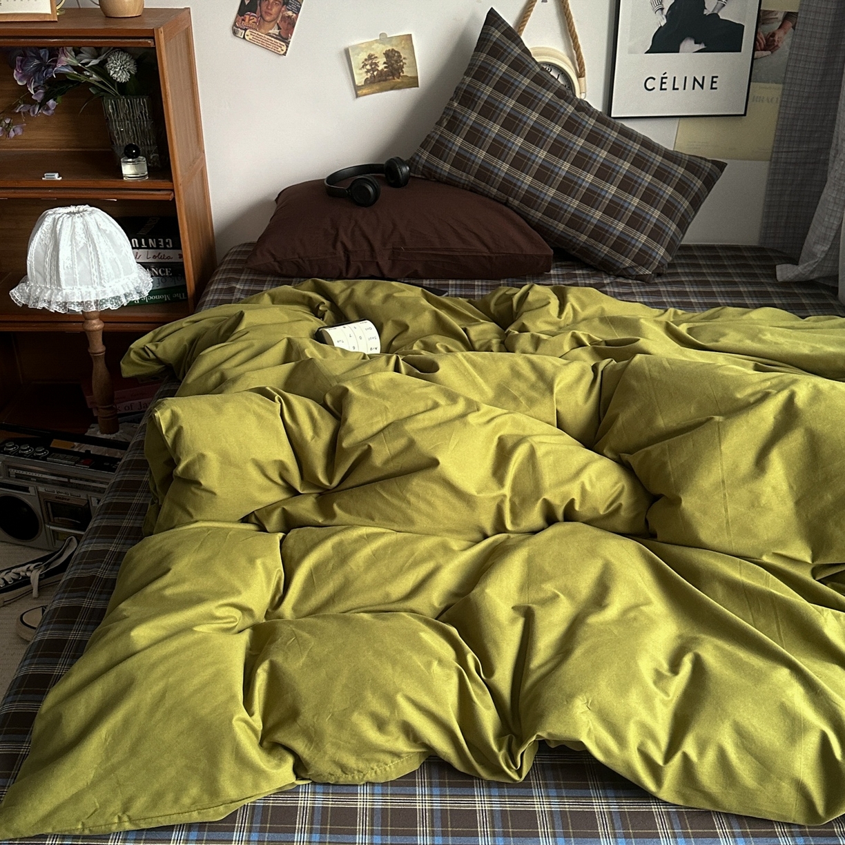 91家纺网 家纺一手货源 找家纺 对白 2025新款全棉色织水洗棉四件套-抹茶格纹 枕套格子+咖