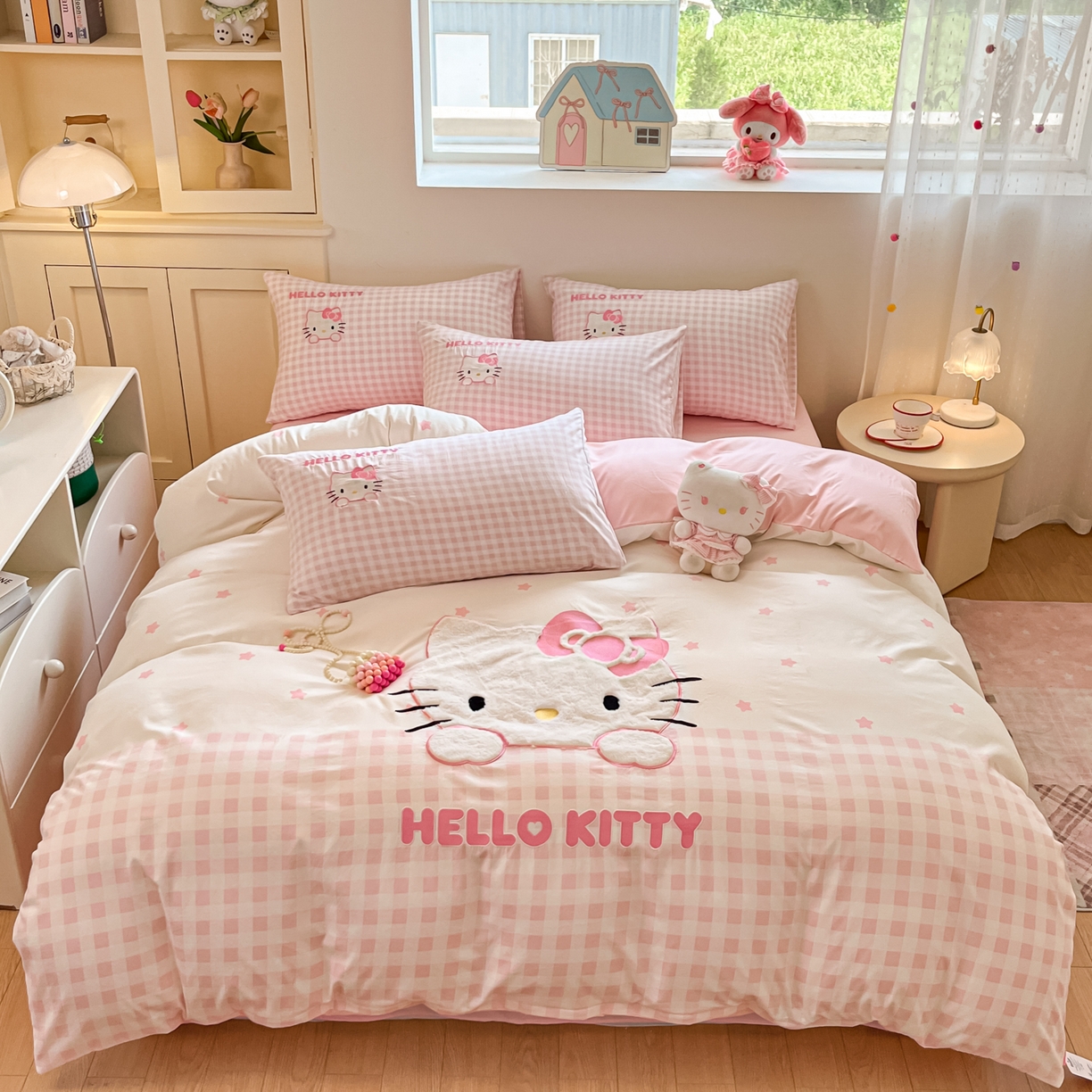 桃心家居 2025新款A类三丽鸥正版授权云柔水洗棉兔毛贴布绣刺绣软糯四件套 云柔水洗棉-贴布绣粉格KT