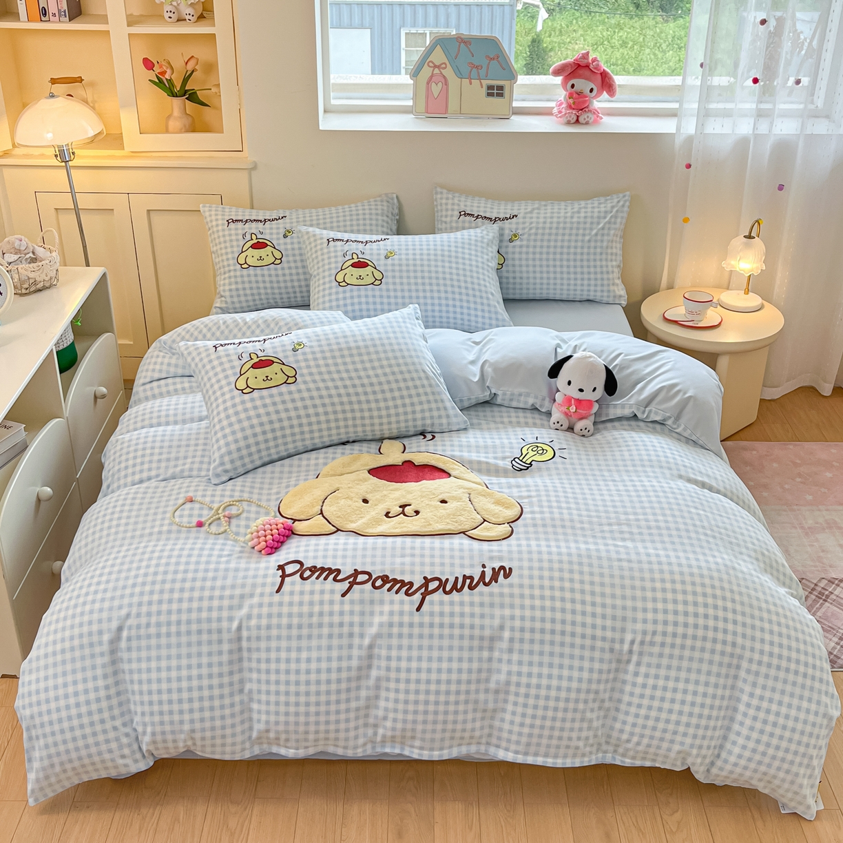 桃心家居 2025新款A类三丽鸥正版授权云柔水洗棉兔毛贴布绣刺绣软糯四件套 云柔水洗棉-贴布绣蓝格布丁狗