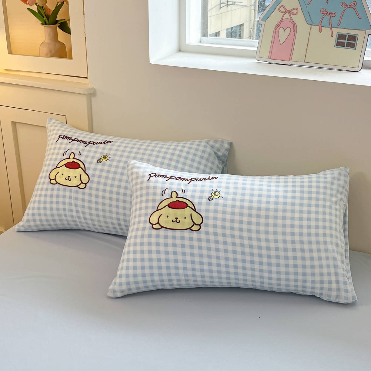 91家纺网 家纺一手货源 找家纺 桃心家居 2025新款A类三丽鸥正版授权云柔水洗棉兔毛贴布绣刺绣软糯四件套 云柔水洗棉-贴布绣蓝格布丁狗