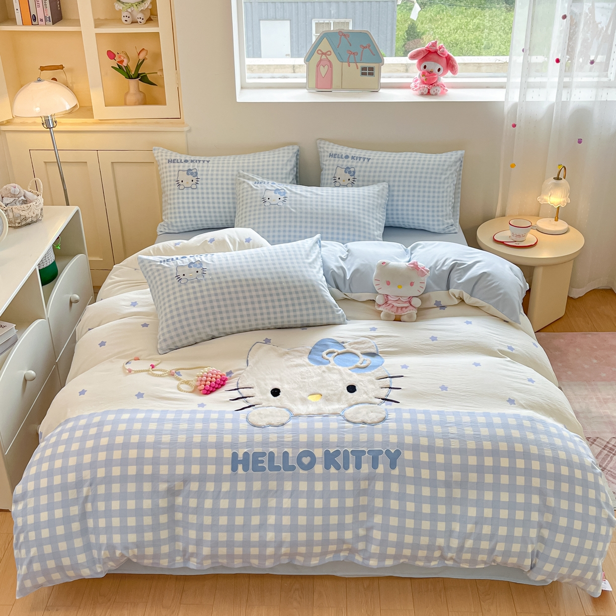桃心家居 2025新款A类三丽鸥正版授权云柔水洗棉兔毛贴布绣刺绣软糯四件套 云柔水洗棉-贴布绣蓝格KT