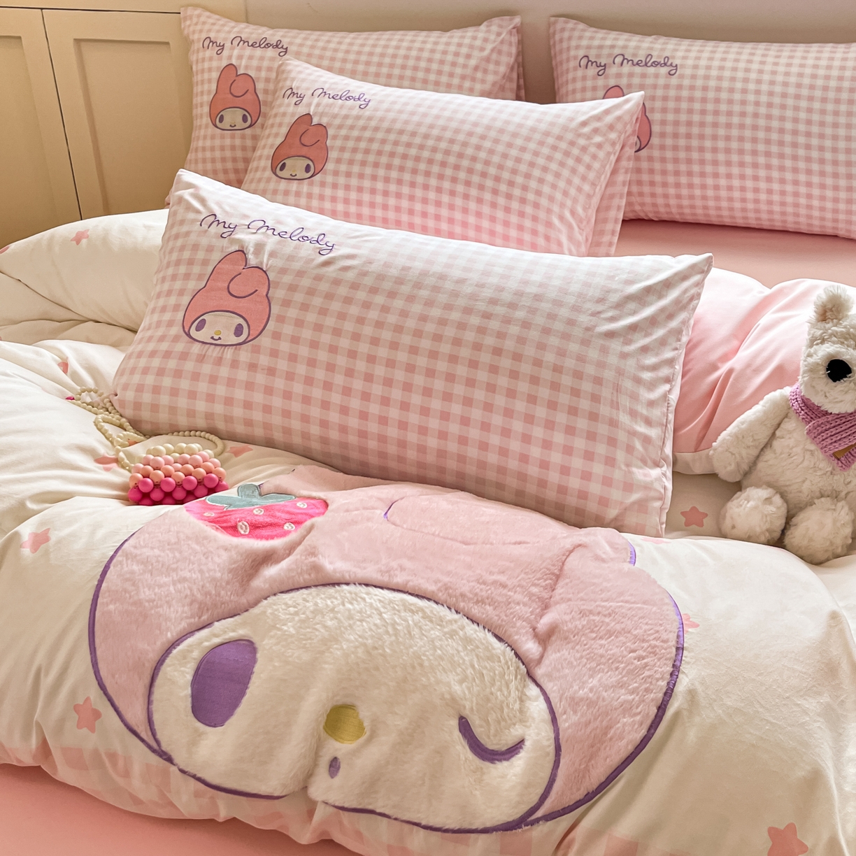 91家纺网 家纺一手货源 找家纺 桃心家居 2025新款A类三丽鸥正版授权云柔水洗棉兔毛贴布绣刺绣软糯四件套 云柔水洗棉-贴布绣美乐蒂