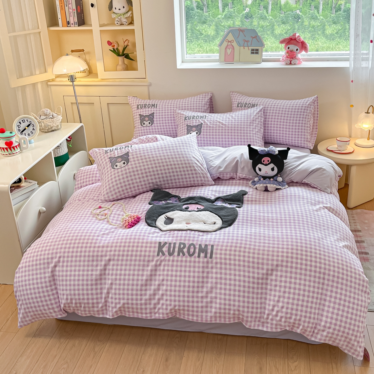 91家纺网 家纺一手货源 找家纺 桃心家居 2025新款A类三丽鸥正版授权云柔水洗棉兔毛贴布绣刺绣软糯四件套 云柔水洗棉-贴布绣紫格库洛米