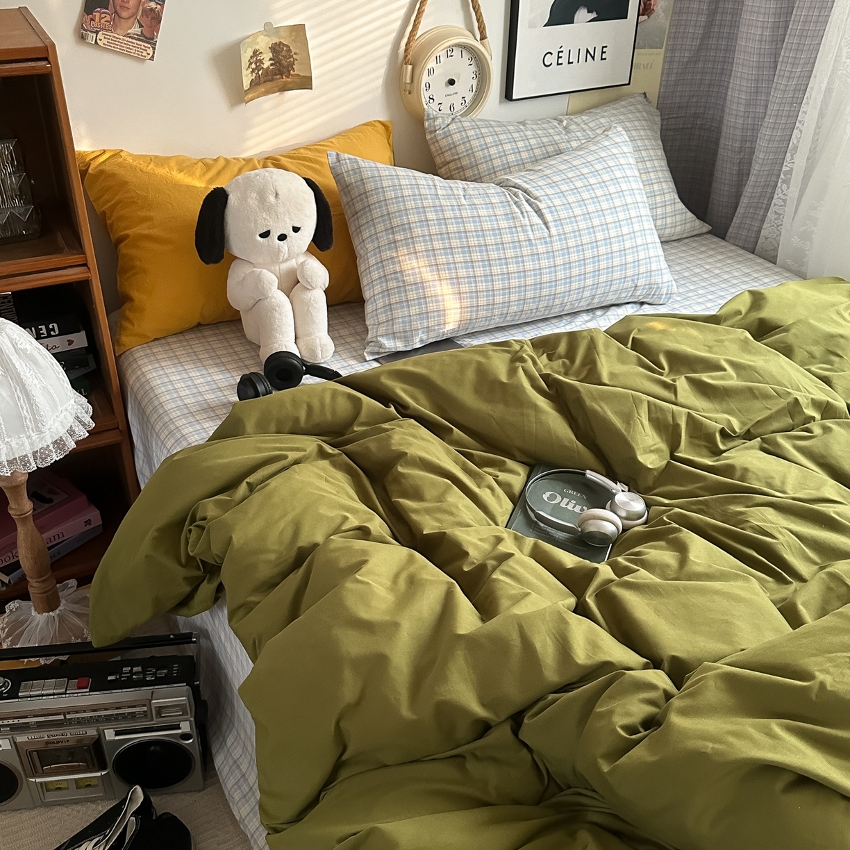 91家纺网 家纺一手货源 找家纺 对白 2025新款全棉色织水洗棉四件套-抹茶冰淇淋 枕套姜黄+格子