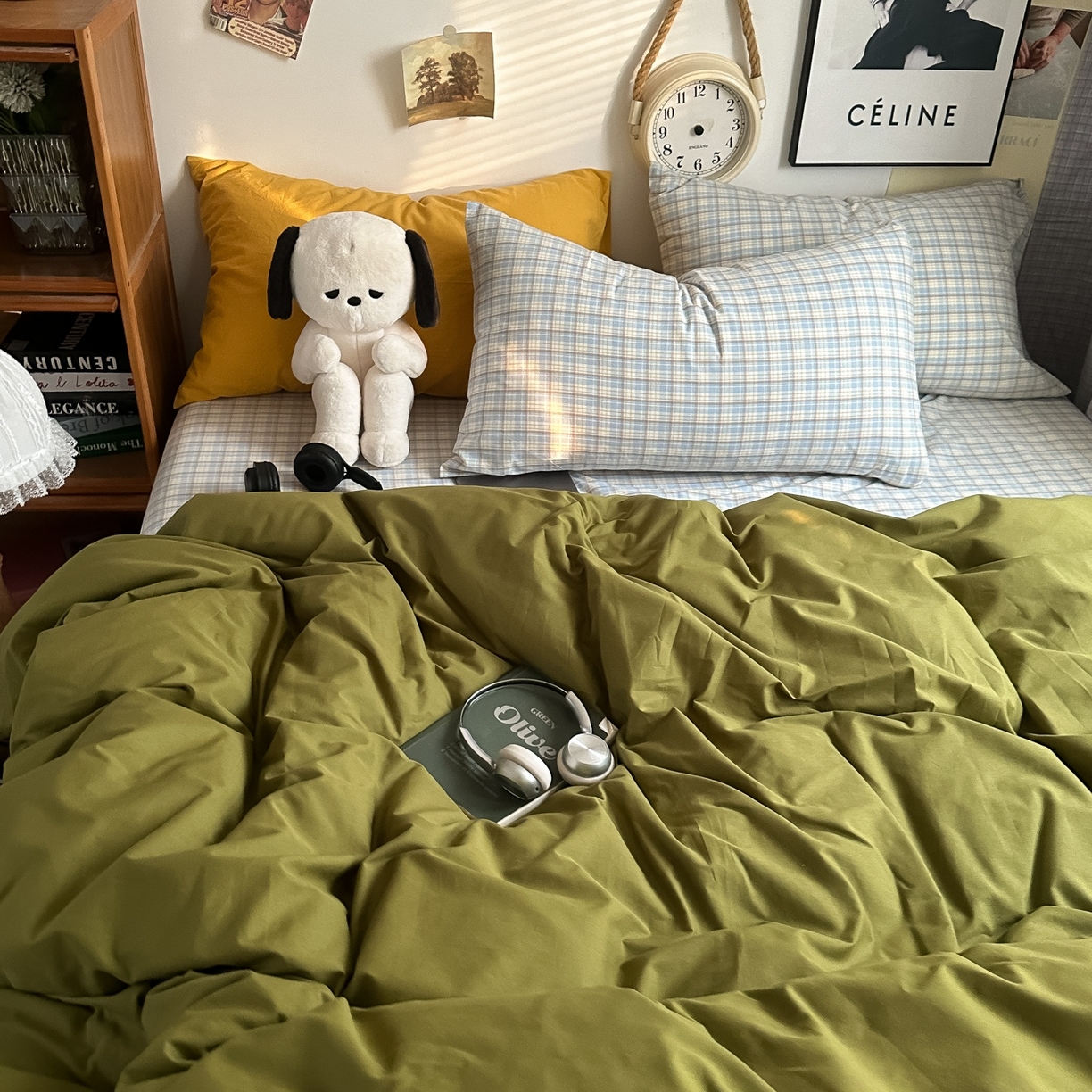 91家纺网 家纺一手货源 找家纺 对白 2025新款全棉色织水洗棉四件套-抹茶冰淇淋 枕套姜黄+格子