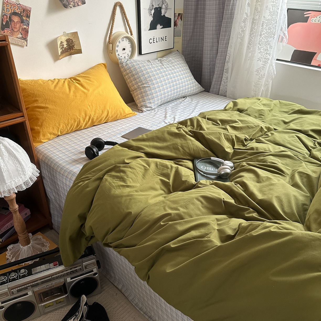 91家纺网 家纺一手货源 找家纺 对白 2025新款全棉色织水洗棉四件套-抹茶冰淇淋 枕套姜黄+格子