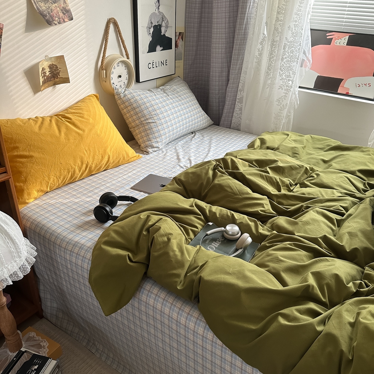 91家纺网 家纺一手货源 找家纺 对白 2025新款全棉色织水洗棉四件套-抹茶冰淇淋 枕套姜黄+格子