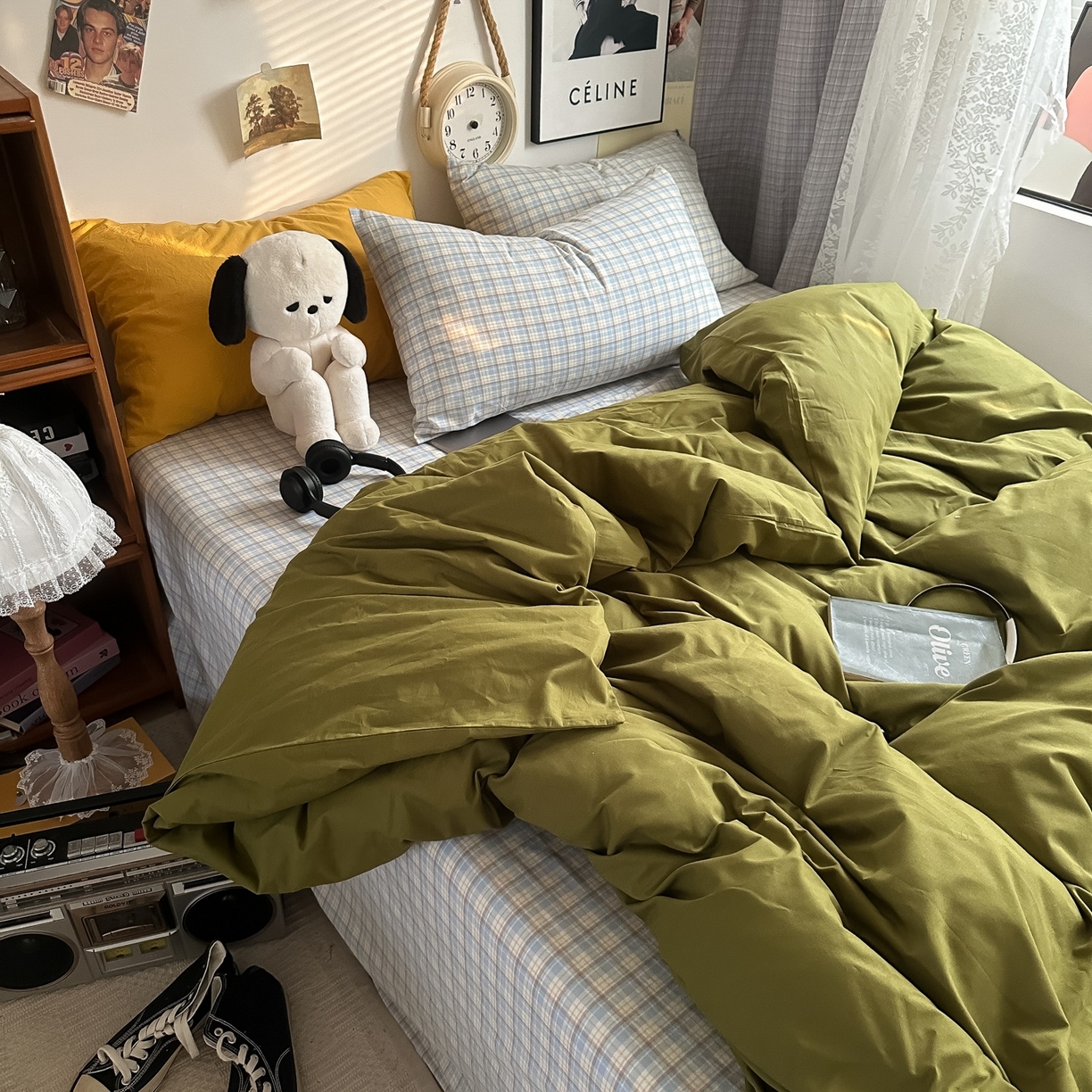 91家纺网 家纺一手货源 找家纺 对白 2025新款全棉色织水洗棉四件套-抹茶冰淇淋 枕套姜黄+格子