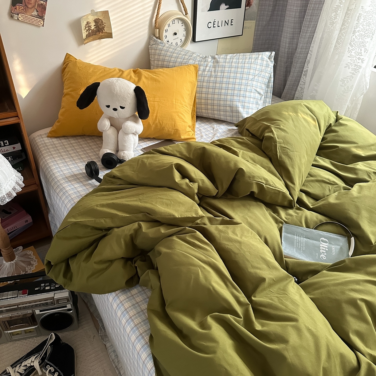 91家纺网 家纺一手货源 找家纺 对白 2025新款全棉色织水洗棉四件套-抹茶冰淇淋 枕套姜黄+格子