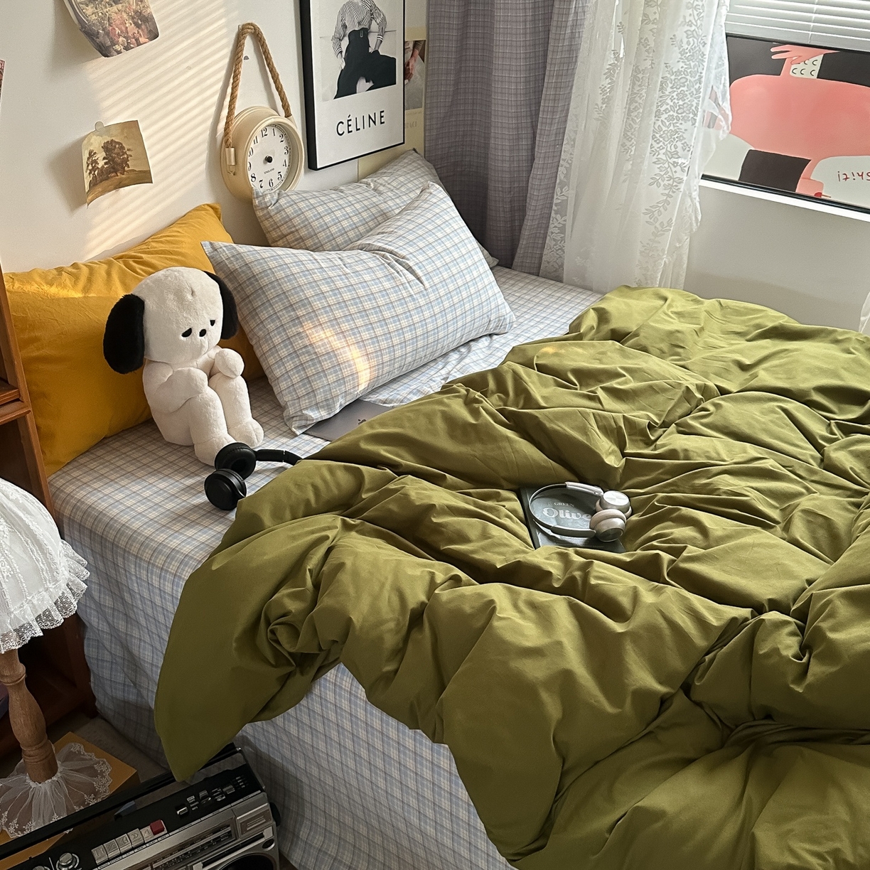 91家纺网 家纺一手货源 找家纺 对白 2025新款全棉色织水洗棉四件套-抹茶冰淇淋 枕套姜黄+格子