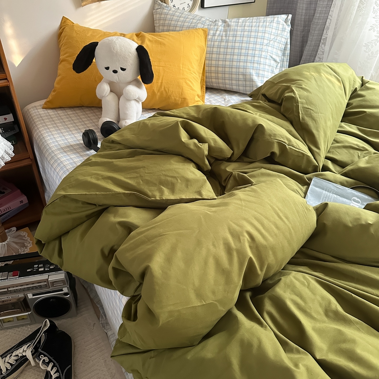 91家纺网 家纺一手货源 找家纺 对白 2025新款全棉色织水洗棉四件套-抹茶冰淇淋 枕套姜黄+格子