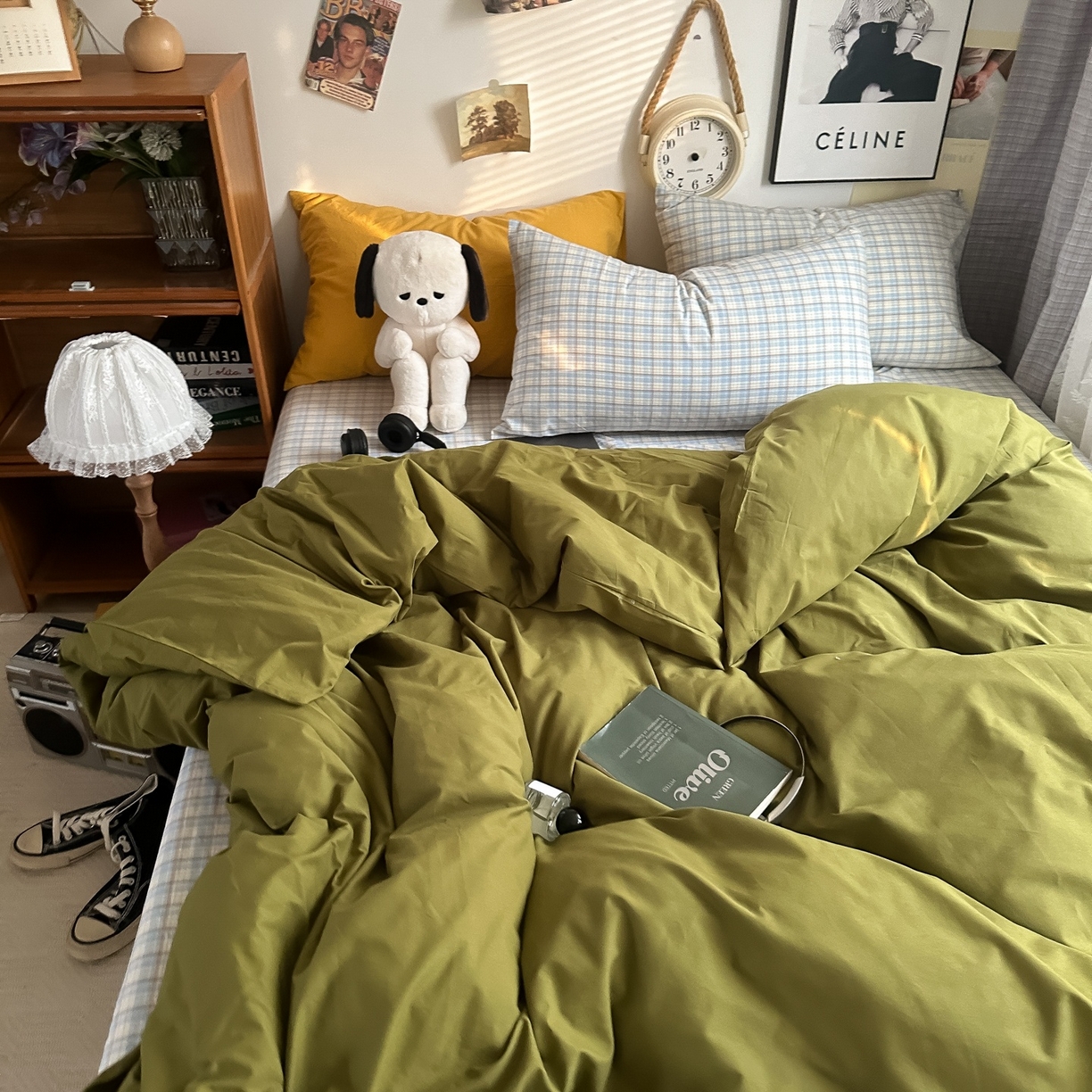 91家纺网 家纺一手货源 找家纺 对白 2025新款全棉色织水洗棉四件套-抹茶冰淇淋 枕套姜黄+格子