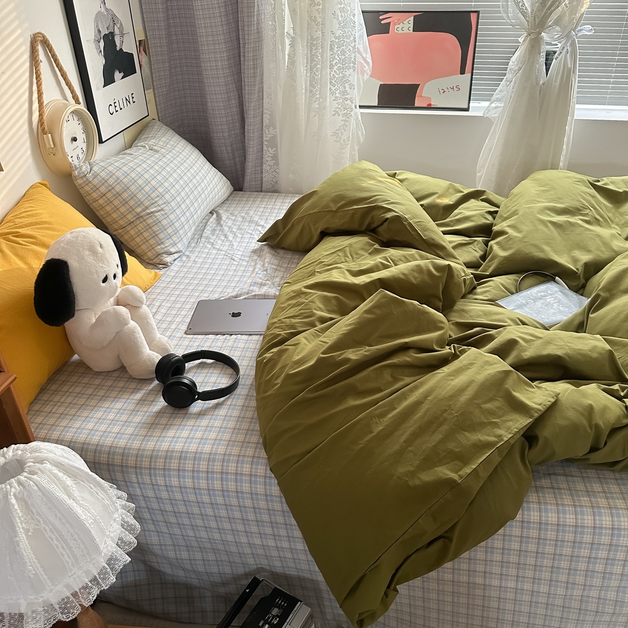 91家纺网 家纺一手货源 找家纺 对白 2025新款全棉色织水洗棉四件套-抹茶冰淇淋 枕套姜黄+格子