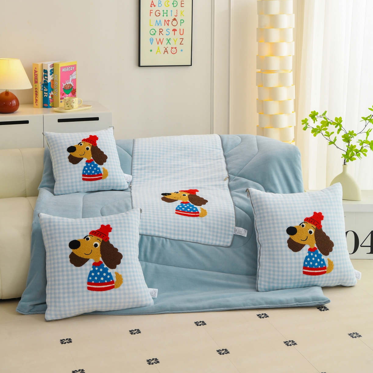 91家纺网 家纺一手货源 找家纺 翰轩家居 2025新款卡通牛奶绒抱枕被毛巾绣系列 大耳朵狗