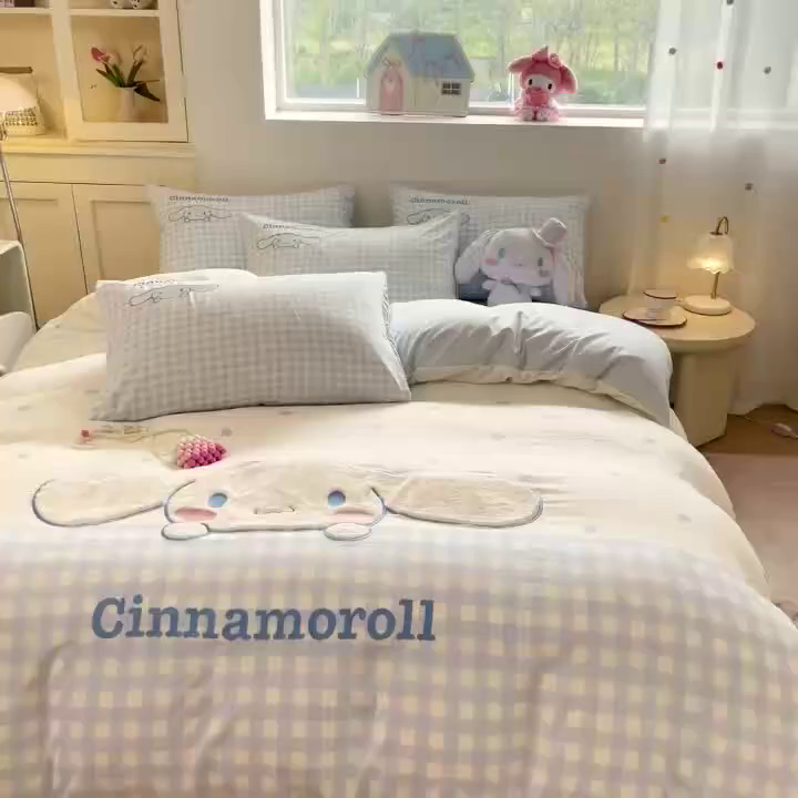 91家纺网 家纺一手货源 找家纺 桃心家居 2025新款A类三丽鸥正版授权云柔水洗棉兔毛贴布绣刺绣软糯四件套 云柔水洗棉-贴布绣你好大耳狗