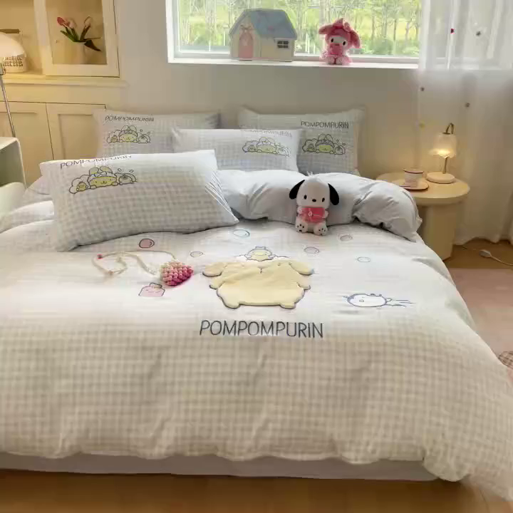 91家纺网 家纺一手货源 找家纺 桃心家居 2025新款A类三丽鸥正版授权云柔水洗棉兔毛贴布绣刺绣软糯四件套 云柔水洗棉-贴布绣萌萌布丁狗