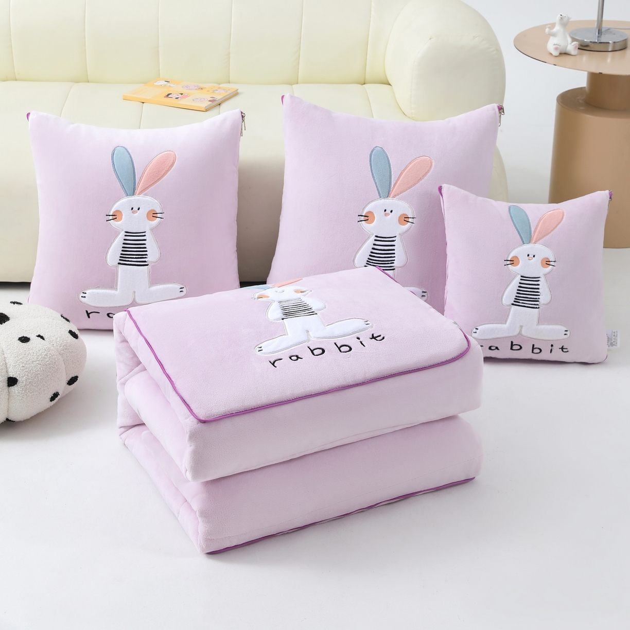 翰轩家居 2025新款卡通牛奶绒贴布绣抱枕被-梦幻兔系列 梦幻兔-魔芋紫