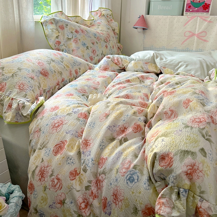 91家纺网 家纺一手货源 找家纺 春光里 2025新款亲肤舒适云感双层纱花边四件套 风格二（提供买家秀） 澜花