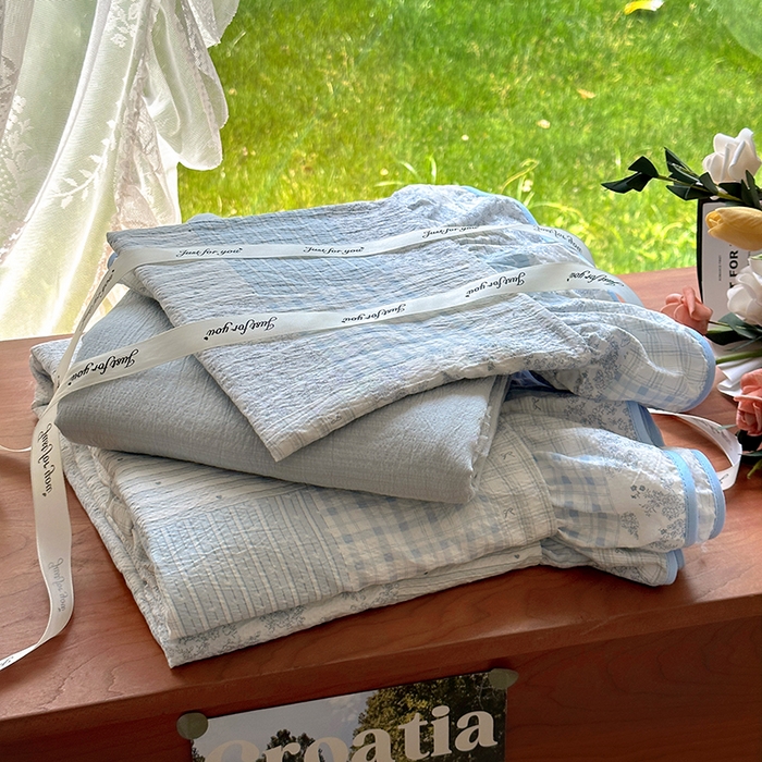 春光里 2025新款亲肤舒适云感双层纱花边四件套 风格二（提供买家秀） 百福蓝