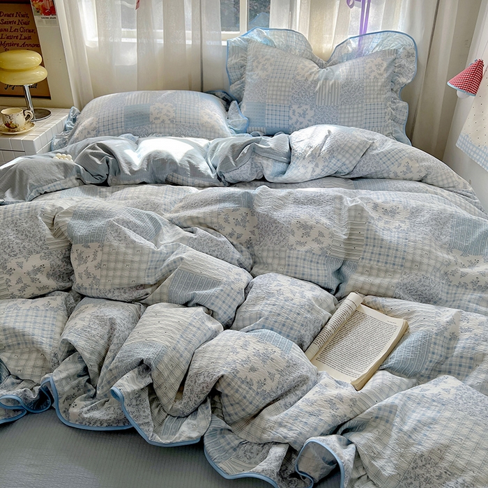 91家纺网 家纺一手货源 找家纺 春光里 2025新款亲肤舒适云感双层纱花边四件套 风格二（提供买家秀） 百福蓝