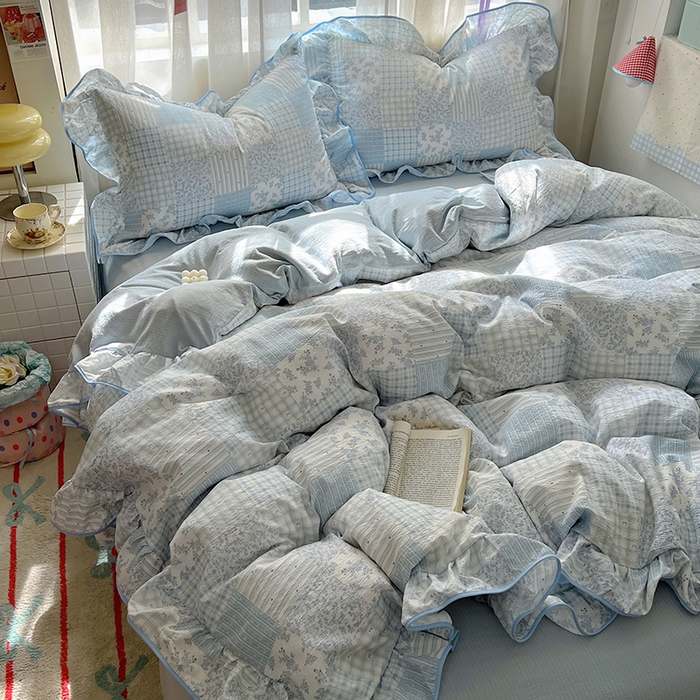 91家纺网 家纺一手货源 找家纺 春光里 2025新款亲肤舒适云感双层纱花边四件套 风格二（提供买家秀） 百福蓝